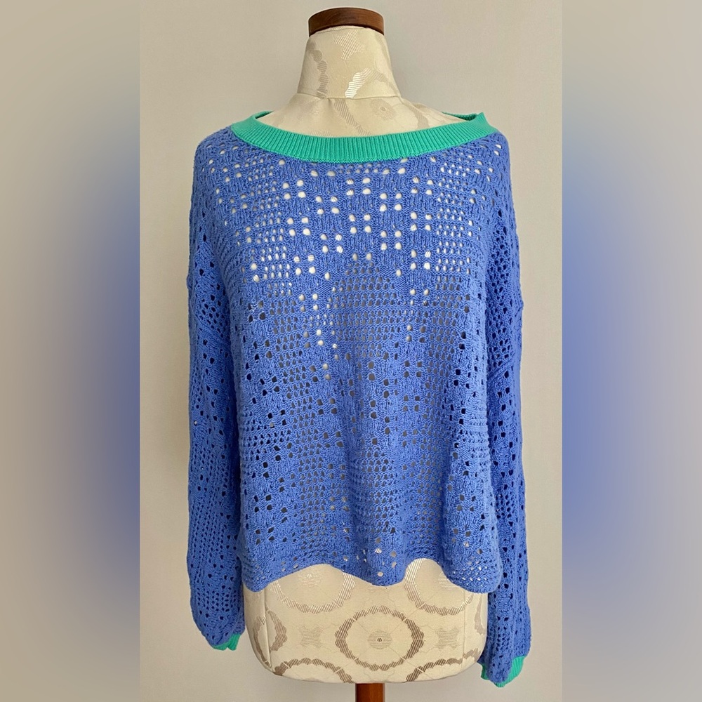 FREE PEOPLE  Crocheted Blue Pullover Sweater Small